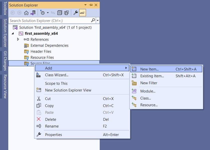 给源文件新建一个后缀名位.asm文件步骤一